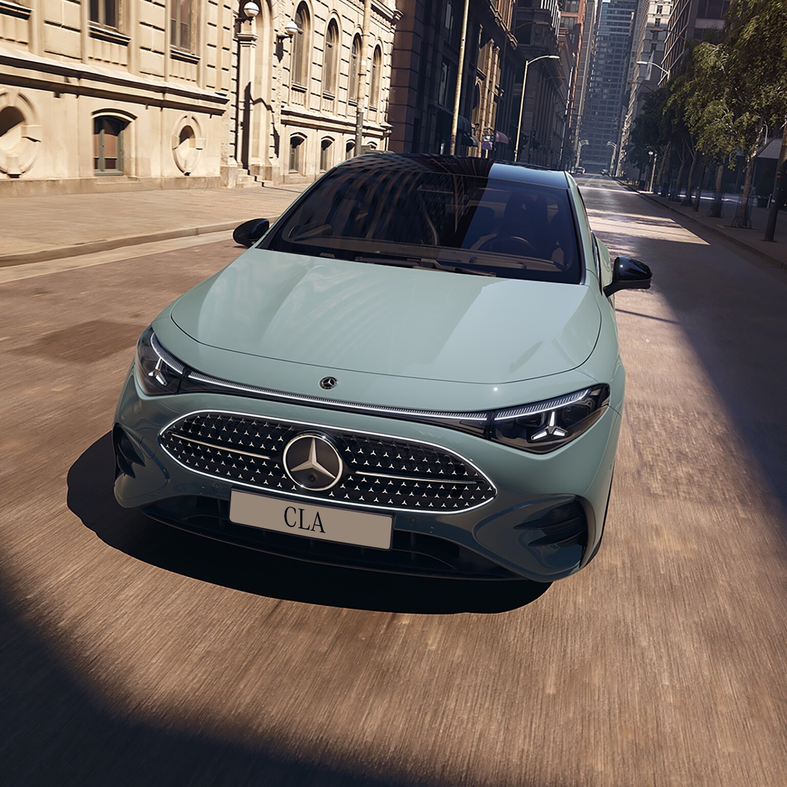 A Mercedes-Benz hybrid CLA parked in a modern city street, showcasing its sleek front design.