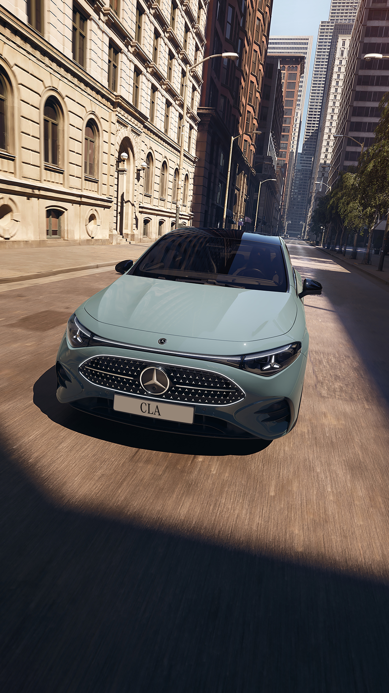 A Mercedes-Benz hybrid CLA parked in a modern city street, showcasing its sleek front design.