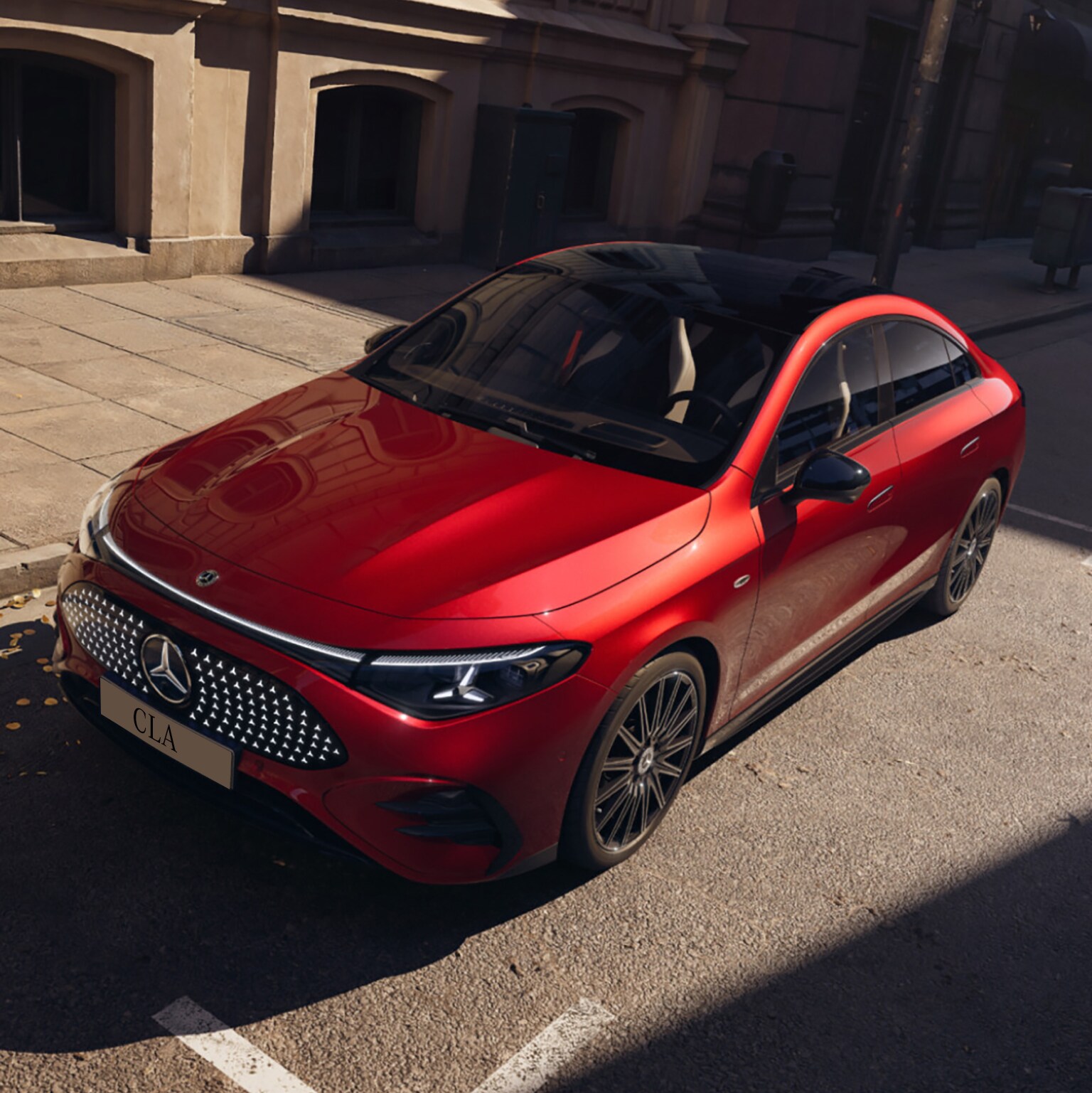 The all-new Mercedes-Benz electric CLA in a modern setting, showcasing its sleek front design and distinctive exterior details.