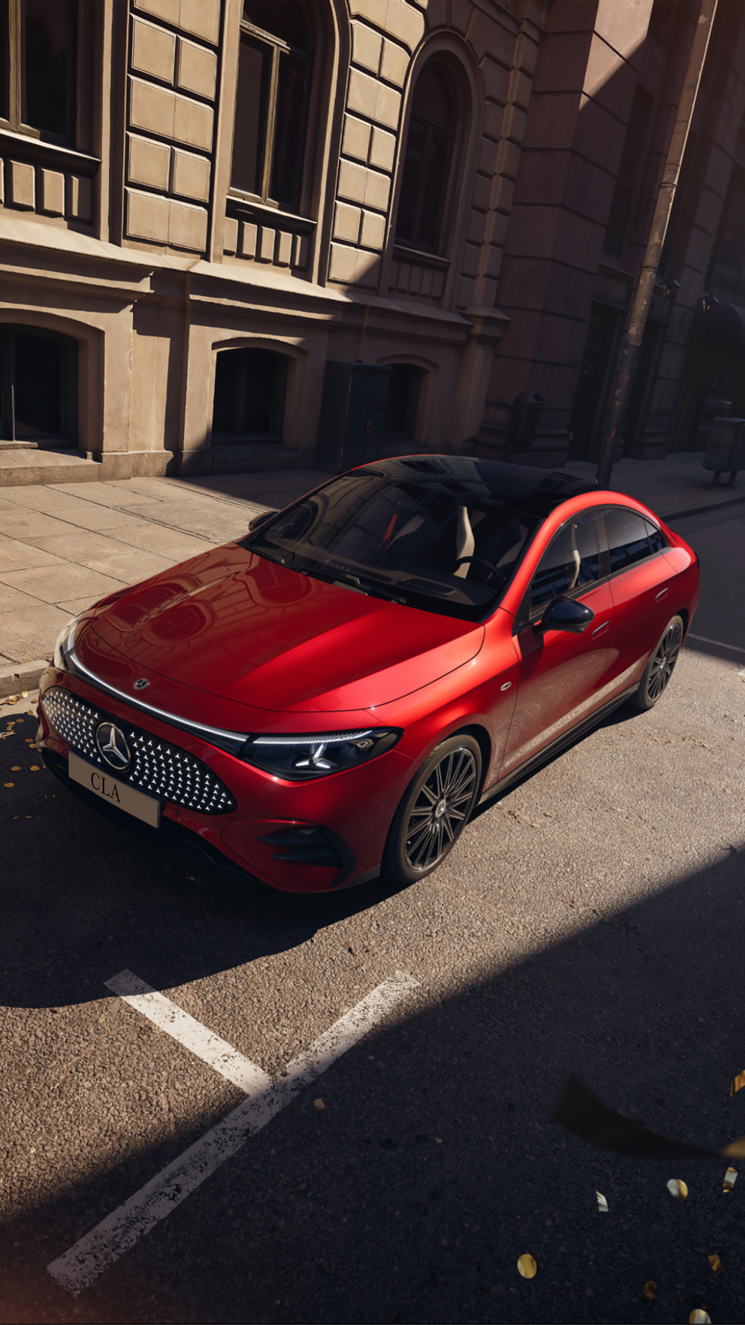 The all-new Mercedes-Benz electric CLA in a modern setting, showcasing its sleek front design and distinctive exterior details.