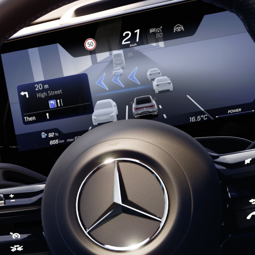 View on the MBUX Superscreen with navigation maps, seen from the driver's seat of the CLA C178.