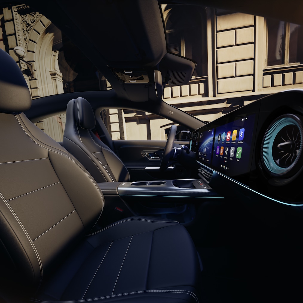 View of the MBUX Superscreen from the driver's seat of the Mercedes-Benz CLA C178 (or side view, where the sports seats are also visible).