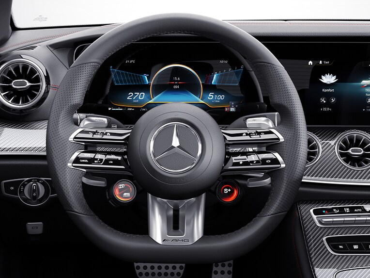 The AMG Performance steering wheel in nappa leather in the Mercedes-AMG E 53 4MATIC+ Coupé.