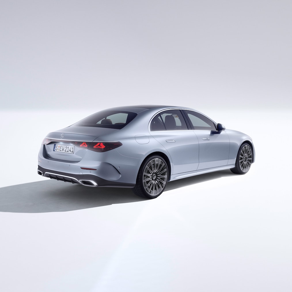 The E-Class Saloon: a side rear view of the luxury car from Mercedes-Benz.