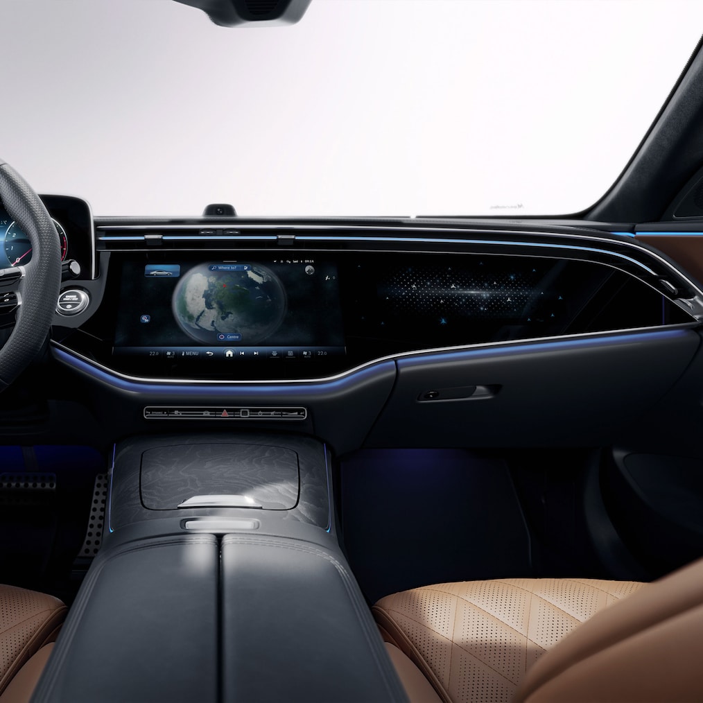 MBUX Superscreen with selfie and video camera in the E-Class Saloon from Mercedes-Benz.