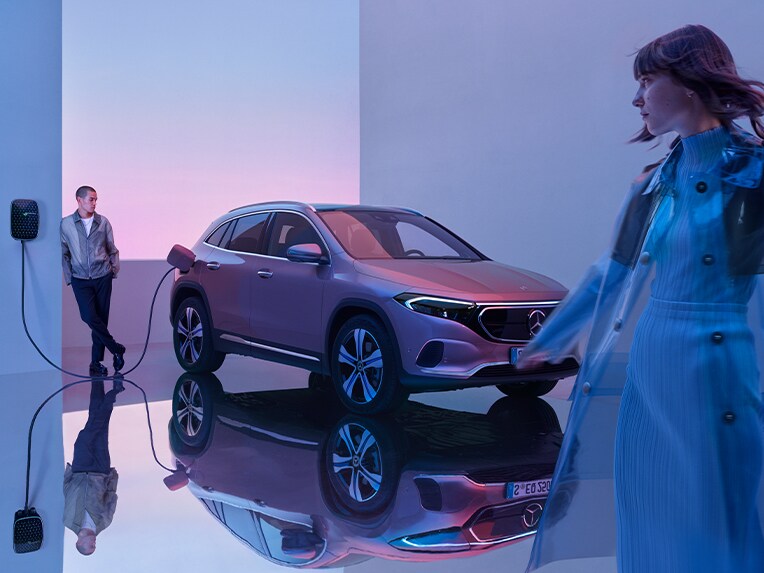 The EQA charging at a Mercedes-Benz Wallbox.