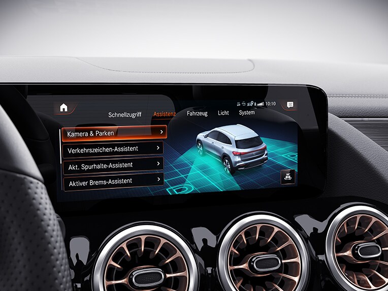 A graphic representation of the Driving Assistance package in the multimedia display of the EQA from Mercedes-EQ.