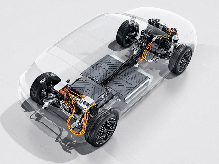 A graphic representation of the all-wheel drive system in the EQA compact SUV from Mercedes-EQ.
