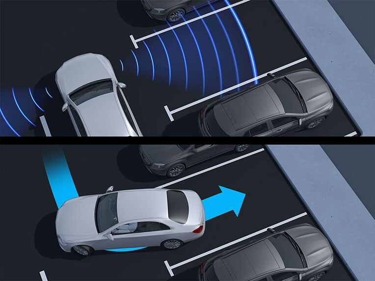 Diagram showing the functionality of Active Parking Assist with PARKTRONIC for the EQB from Mercedes-EQ.