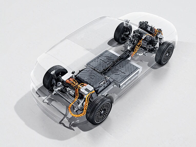 Graphic representation of the all-wheel drive system in the all-electric EQB compact SUV from Mercedes-EQ.