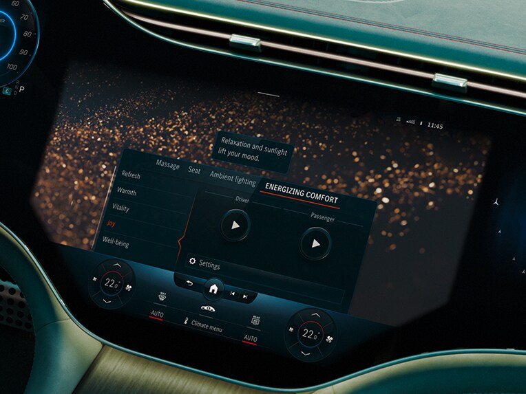 The ENERGIZING package Plus shown on a display in the EQE Saloon from Mercedes-EQ.