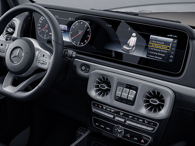 The cockpit of the Mercedes-Benz G-Class.