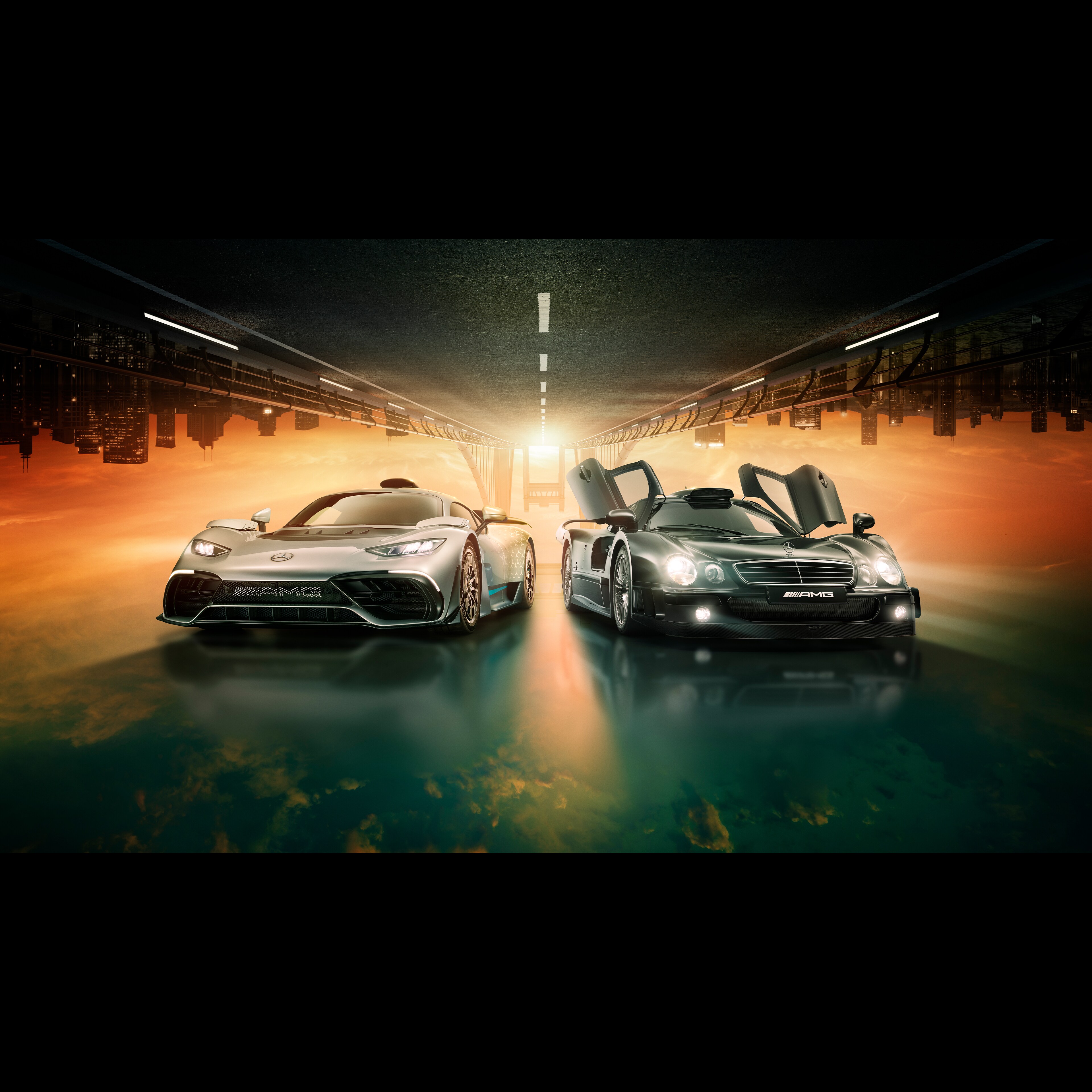 A front view of two Mercedes-AMG sports cars.