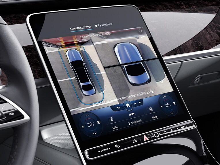 The central display in the Mercedes Maybach S-Class with parking package with remote parking functions