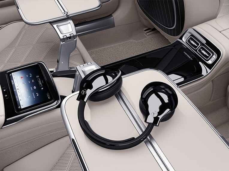Folding tables in the rear of the Mercedes Maybach S-Class.