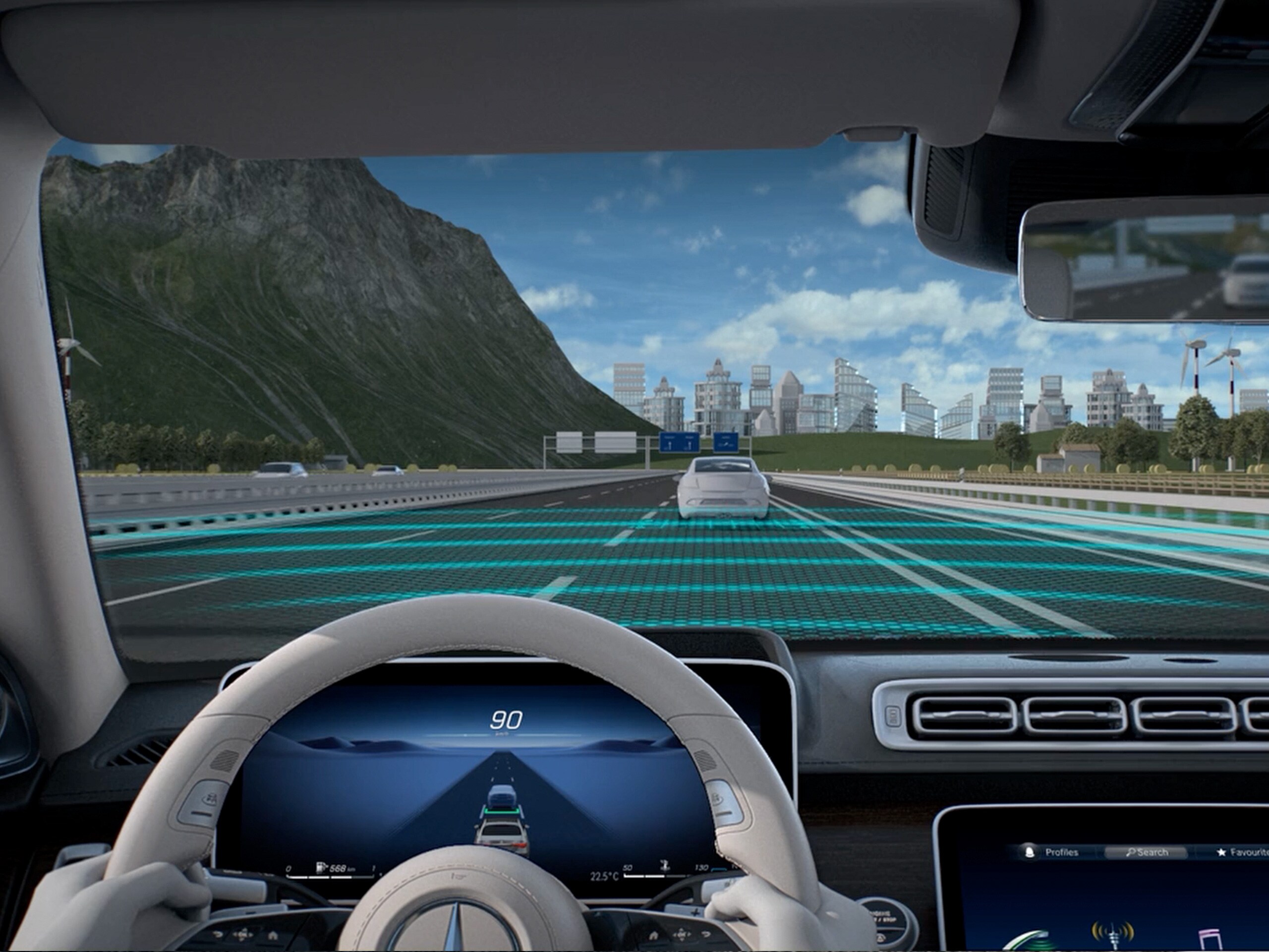 The video illustrates the functions of Active Distance Assist DISTRONIC in the Mercedes-Maybach S-Class.