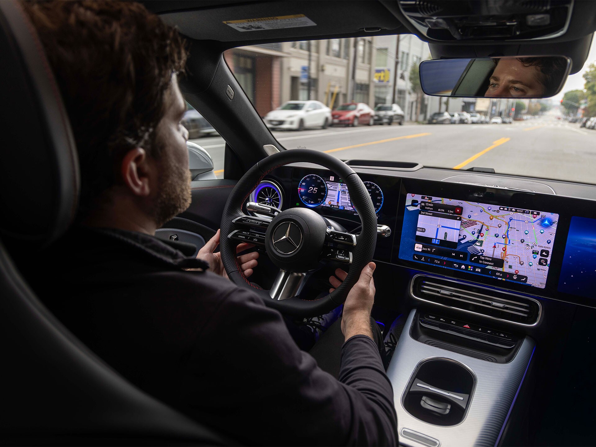 The cockpit of an Mercedes-Benz vehicle.